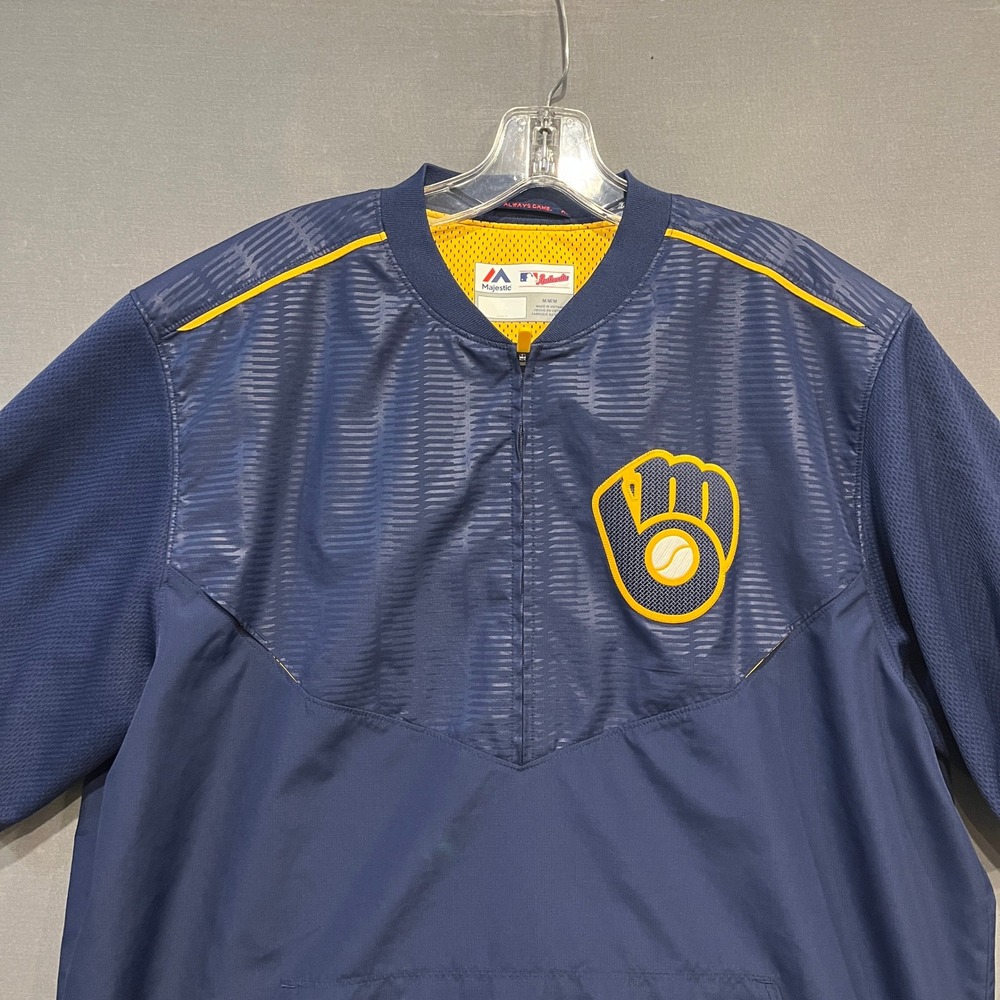 Milwaukee Brewers 1/4 Zip Windshirt Mens M Blue Majestic Short Sleeve Pullover - Picture 2 of 8
